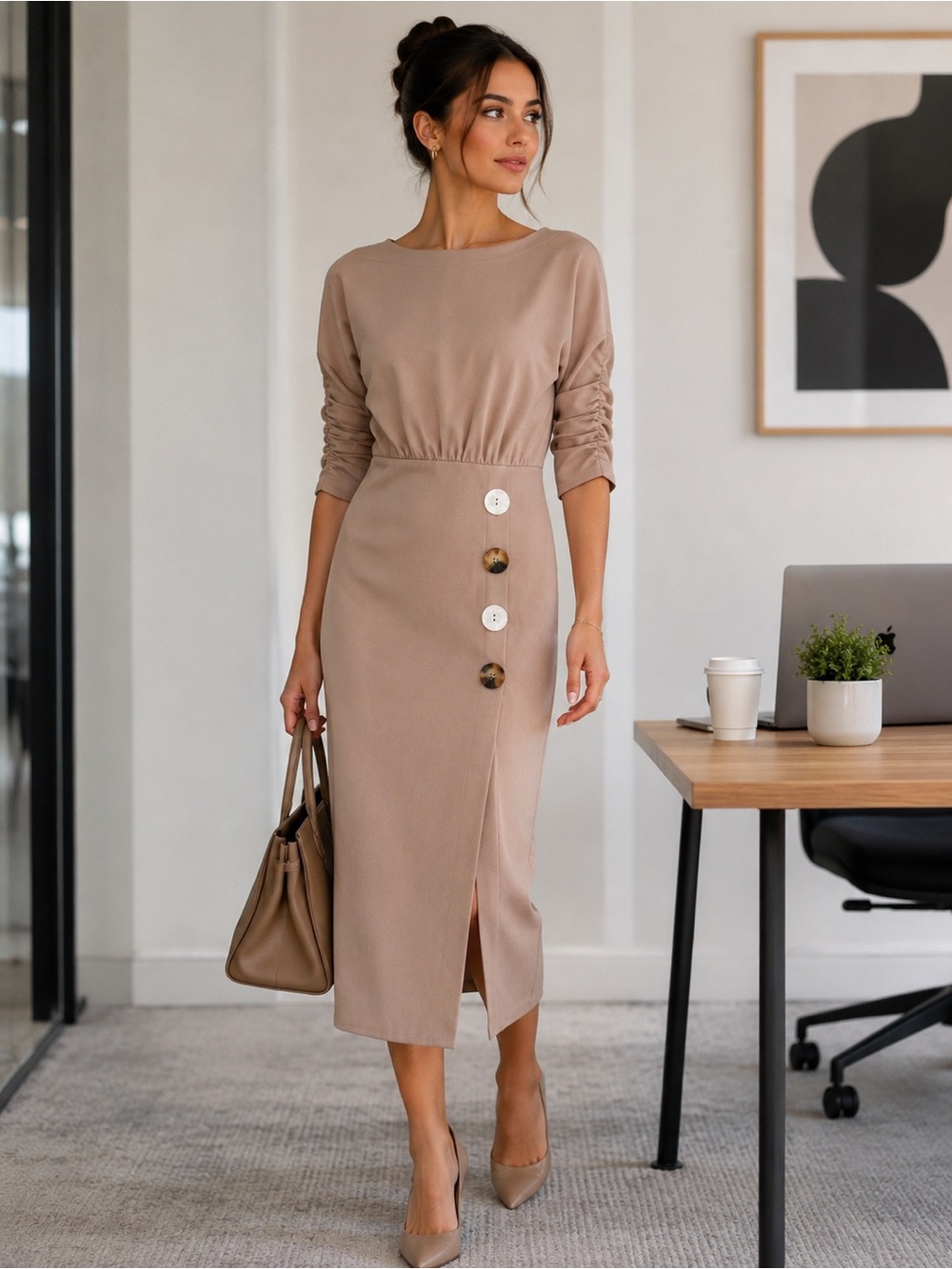 ASOS Taupe Button-Front Midi Dress